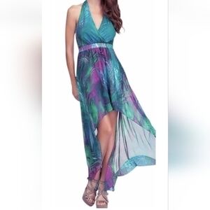 Bebe Chiffon Hi Low Halter Faux Wrap Floral Dress